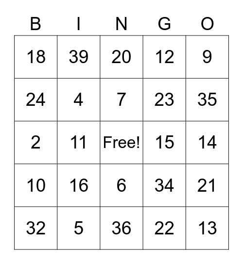 Number 1-40 Bingo Card