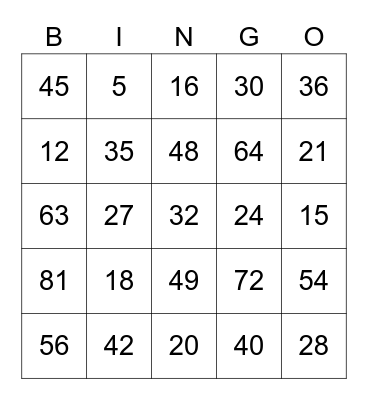 Math Facts #2 Bingo Card