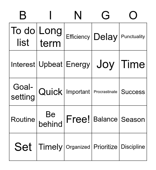 Time Management Bingo Card