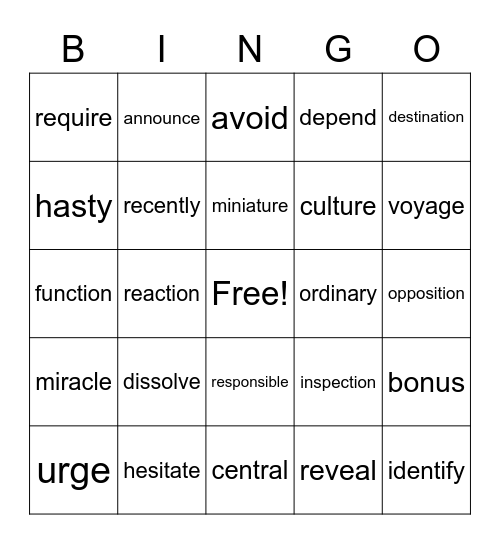 Words Bingo Card