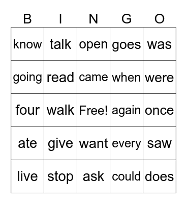 Primer Sight Words Bingo Card