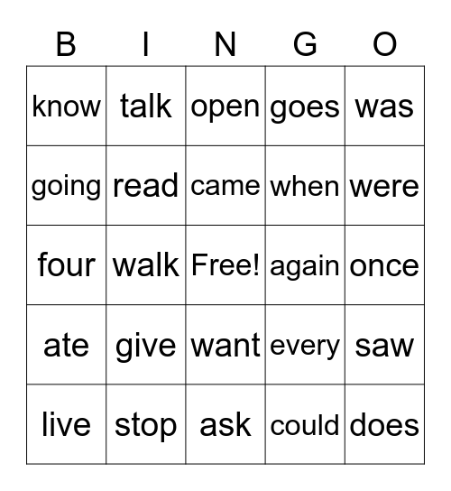 Primer Sight Words Bingo Card