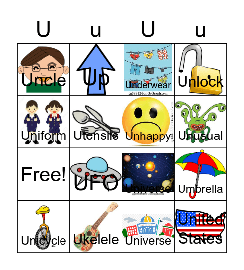 Letter U Bingo Card