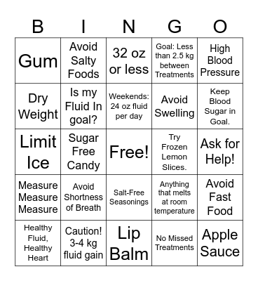 Fluid Bingo Card