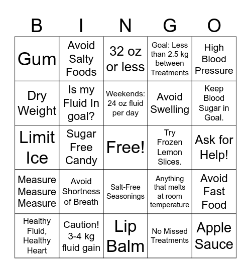 Fluid Bingo Card