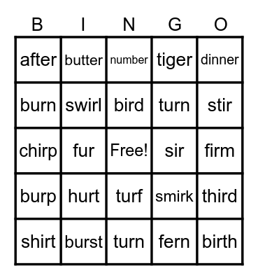 er, ir, ur Bingo Card