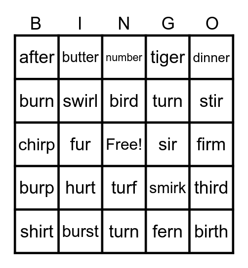 er, ir, ur Bingo Card