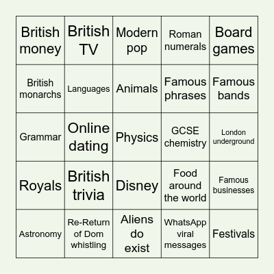 Choose your categories Bingo Card