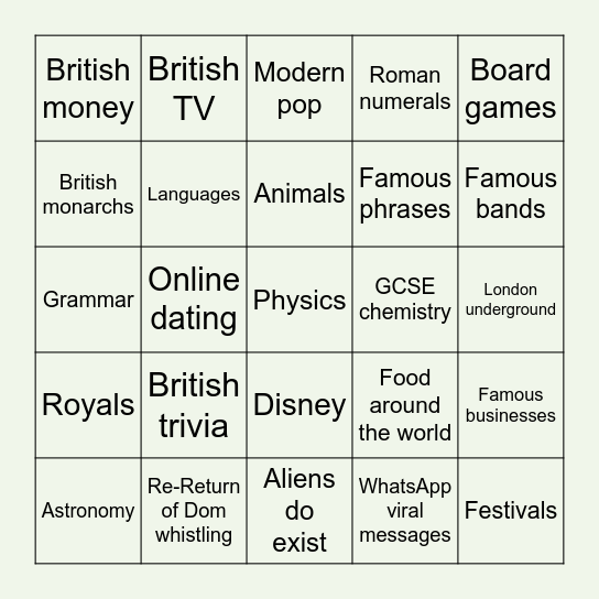 Choose your categories Bingo Card