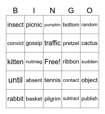closed syllable words Bingo Card