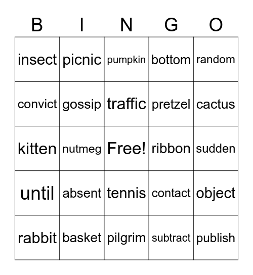 closed syllable words Bingo Card