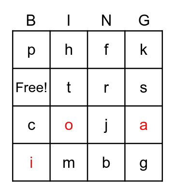 Letter sounds Bingo Card