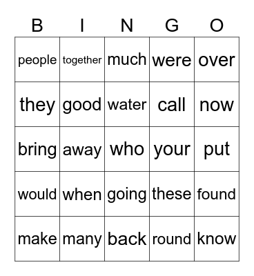 Sight Words Bingo Card