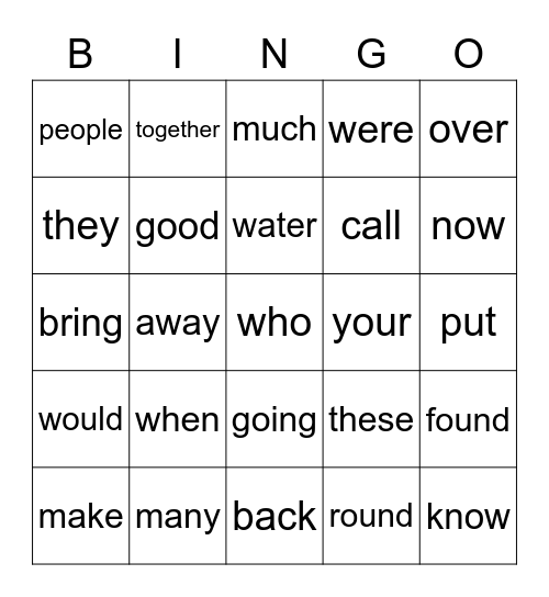 Sight Words Bingo Card