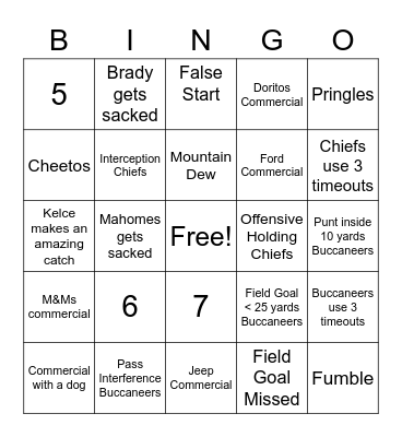 Super Bowl LV Bingo Card