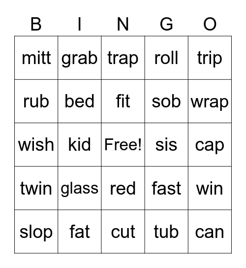 Short Vowel Words Bingo Card