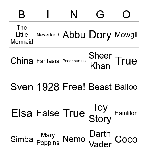 Disney Bingo Card