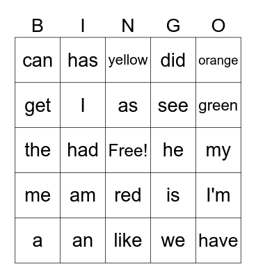 Sight Words Bingo Card