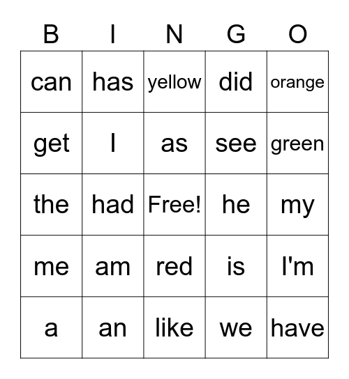 Sight Words Bingo Card
