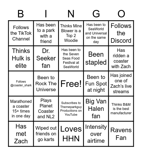 Themeparkguy Productions Bingo Card