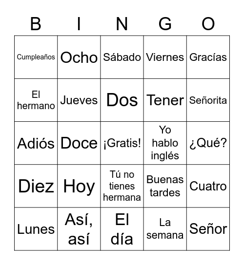 Spanish Week 1 Bingo Card