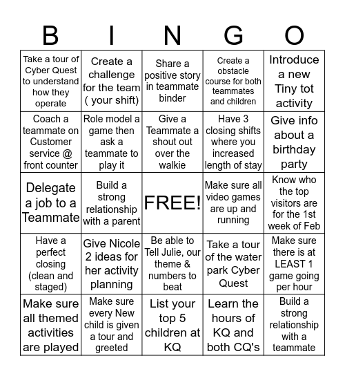 Creating Memories KQ style Bingo Card