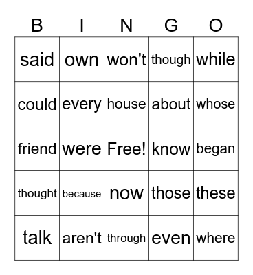 Sight Word Friday Bingo Card
