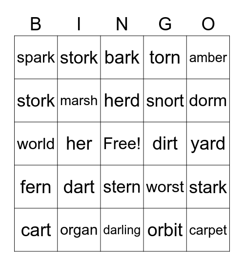 Vowel R Syllable Bingo Card