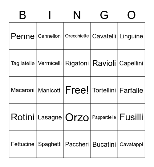 Pasta Bingo Card