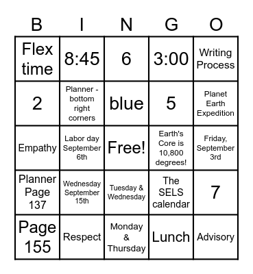 Know-Your-Planner/Schedule Bingo Card