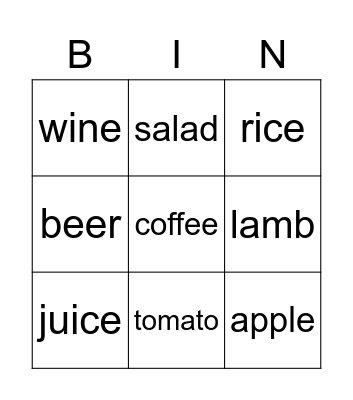 FOOD and DRINKS Bingo Card