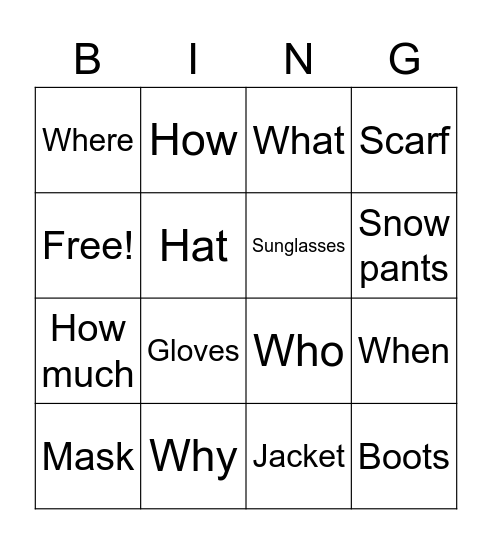 La Ropa de Invierno y ? Palabras Bingo Card