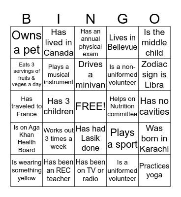 Women's Social Bingo Card