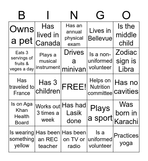 Women's Social Bingo Card