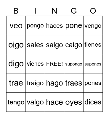 Verbs with Irregular "YO" forms Bingo Card