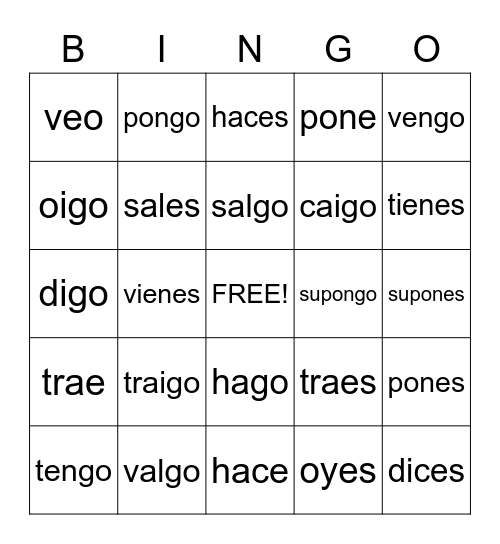 Verbs with Irregular "YO" forms Bingo Card
