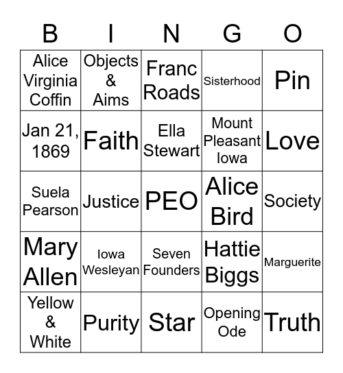 PEO BINGO Card