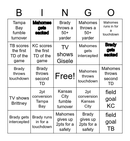 Brady v. Mahomes Bingo Card