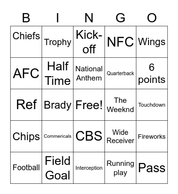 Super Bowl Bingo Card