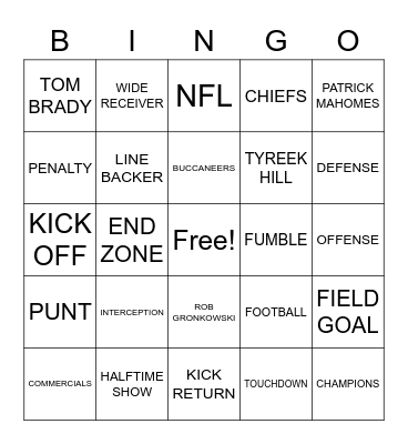 SUPER BOWL LV Bingo Card