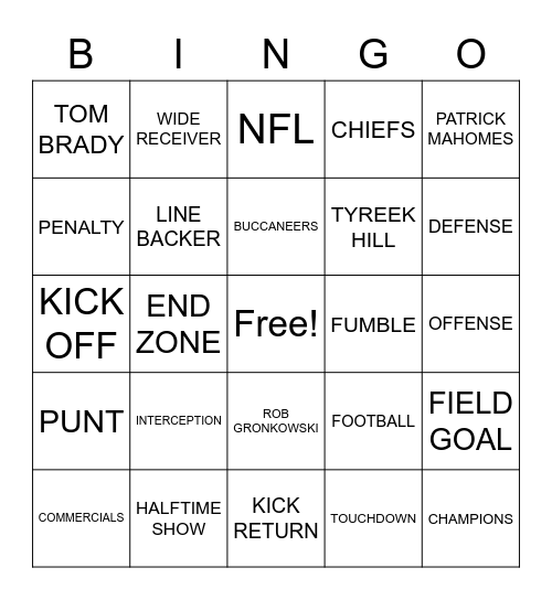 SUPER BOWL LV Bingo Card