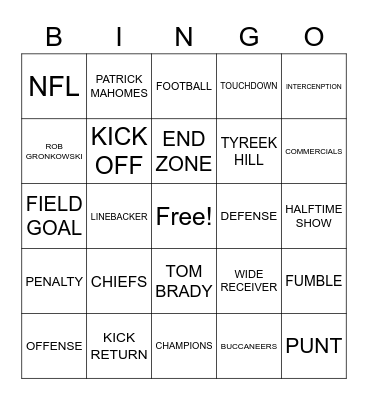 SUPER BOWL LV Bingo Card