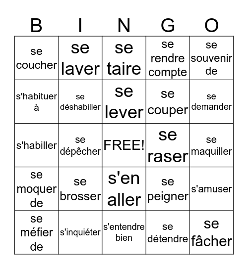 Verbes Réfléchis Bingo Card