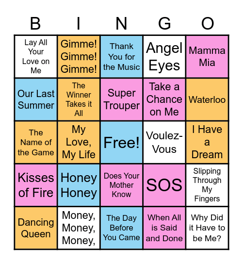Mamma Mia Songs Bingo Card