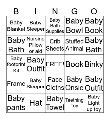 Kate's Baby Shower Bingo Card
