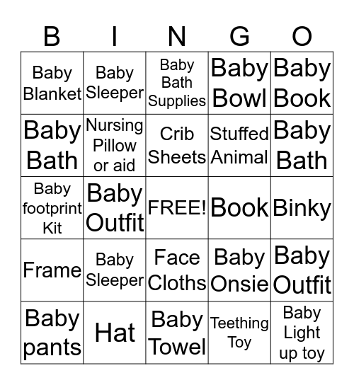 Kate's Baby Shower Bingo Card