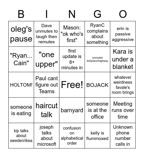 Friday Meeting Bingo Card