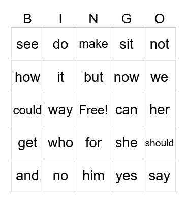 Sight Words Bingo Card