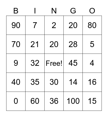 Multiplication Bingo Card