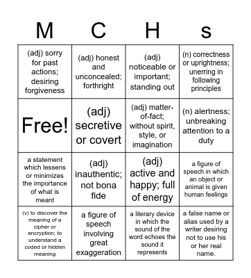 Week 7 Vocab Bingo Card